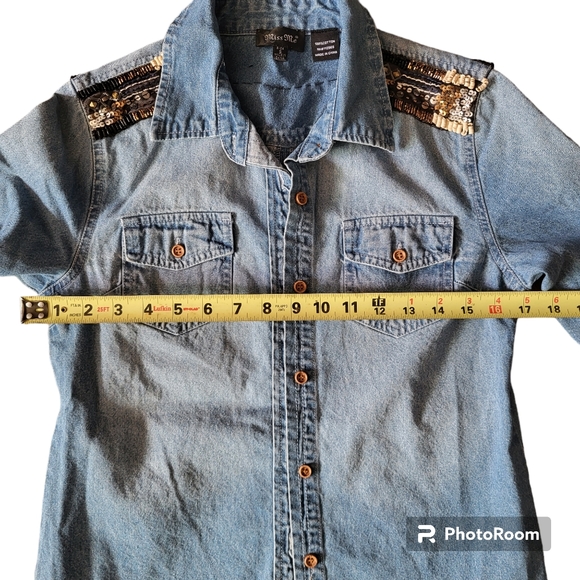 Miss Me womens denim button up western rodeo boho cowgirl beaded embellish top - Picture 9 of 12